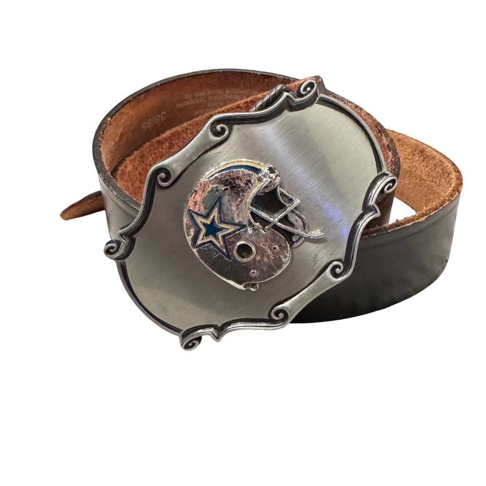 Vintage 1978 Raintree Dallas Cowboys Helmet Buckle on Dickies Leather Belt 38/95